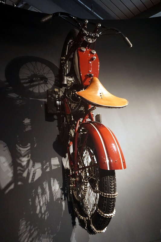 A 1928 Harley-Davidson FHAD Hillclimber (with an OHV V-Twin engine) in the Clubs and Competition exhibit at the Harley-Davidson Museum in Milwaukee, Wisconsin (United States).