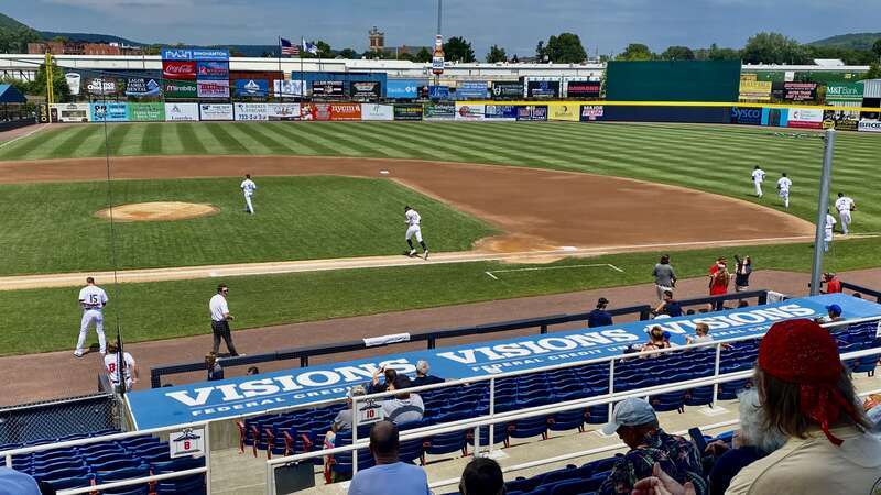 The Binghamton Rumble Ponies take the field at Mirabito Stadium at the start of a July 2022 game against the visiting Hartford Yard Goats.