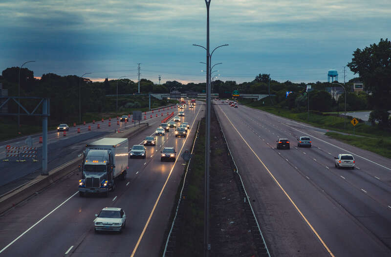 Traffic on interstate 94 / 694 in Brooklyn Center, Minnesota, as seen from the Centennial Park / Shingle Creek Regional Trail bike and pedestrian bridge.