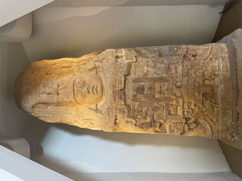 Cast of Monument 11, Stela K from the Maya city of Quiriguá depicting Jade Sky, lord of Quiriguá, located at the San Diego Museum of Us. Inscription on the Stela dates it to 24 July 805 AD.
