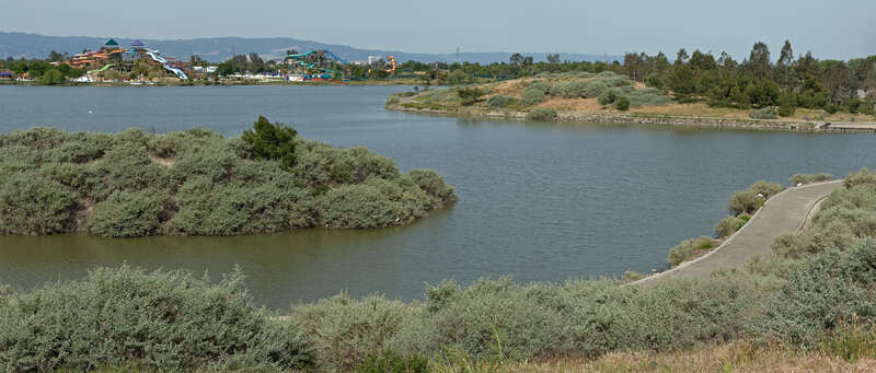 Lake Cunningham in east San Jose, California.  Raging Waters theme park can be seen in the background.