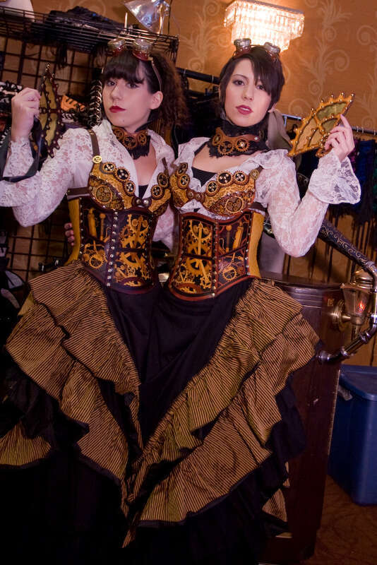 Leather Clockwork corset twin ladies at Steampunk Worlds Fair. www.steampunkfamily.com at the Steampunk Worlds Fair