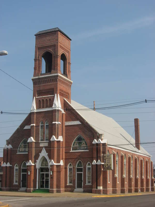 Front and western side of Liberty Missionary Baptist Church, located at 701 Oak Street in Evansville, Indiana, United States.  Built in 1887, it is listed on the National Register of Historic Places.