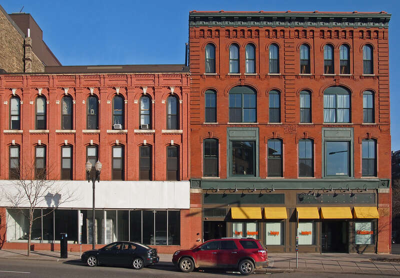 Walterstroff &amp;amp; Montz Building (left, built ca. 1875-80) and J.H. Weed Building (right, built 1884, non-contributing), Lowertown Historic District of St Paul, Minnesota, USA