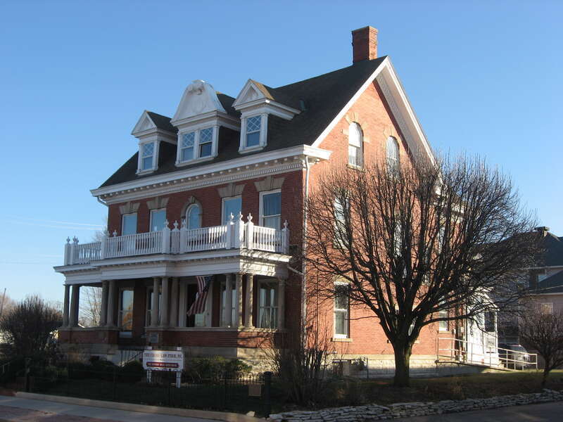 Front and western side of the Margaret and George Riley Jones House, located at 315 E. Charles Street in Muncie, Indiana, United States.  Built in 1901, it is listed on the National Register of Historic Places.