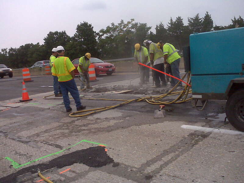 Prior to the 93 Fast 14 project, MassDOT crews made these emergency bridge deck  repairs after potholes opened up in August, 2010. 
Such potholes will be a thing of the past for a long time; MassDOT is replacing these bridges with structures designed