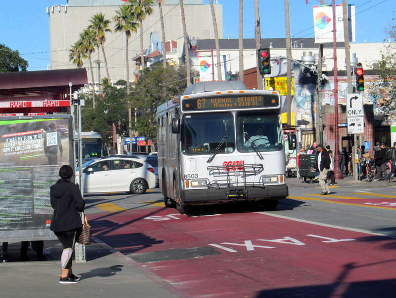 Muni route 67 bus at 24th Street Mission station in December 2017