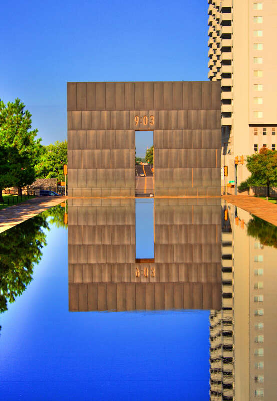 The 9:03 gate and reflecting pool at the Oklahoma City National Memorial in Oklahoma City, Oklahoma. The gate represents the first moments of recovery in the rescue efforts of the victims of the Oklahoma City bombing.