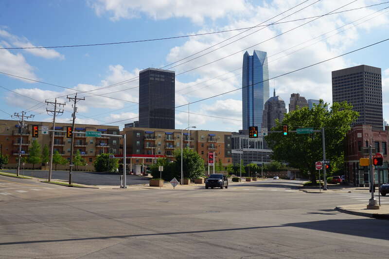 A view of the Oklahoma City skyline from the Automobile Alley neighborhood in Oklahoma City, Oklahoma (United States).