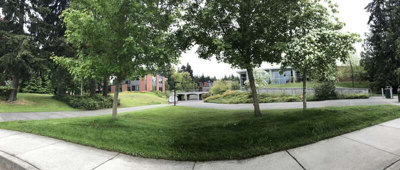Panorama of the front of Peninsula College, Port Angeles, Washington