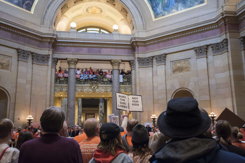 St. Paul, Minnesota
February 22, 2018
About 1000 people filled the Minnesota capitol rotunda to demand stricter gun control laws. They protested against &quot;stand your ground&quot; and &quot;permit-less carry&quot; laws and demanded stricter laws on guns such as a ban
