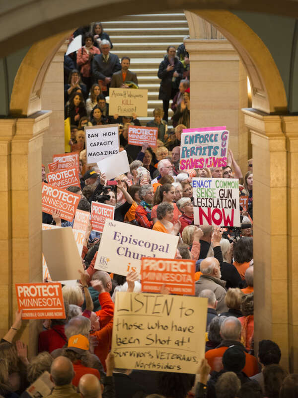 St. Paul, Minnesota
February 22, 2018
About 1000 people filled the Minnesota capitol rotunda to demand stricter gun control laws. They protested against &quot;stand your ground&quot; and &quot;permit-less carry&quot; laws and demanded stricter laws on guns such as a ban
