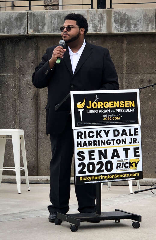 Ricky Dale Harrington Jr., Libertarian nominee for the 2020 United States Senate election in Arkansas, speaking at a joint criminal justice reform campaign event with vice presidential nominee Spike Cohen at Walter Turnbow Park in Springdale,
