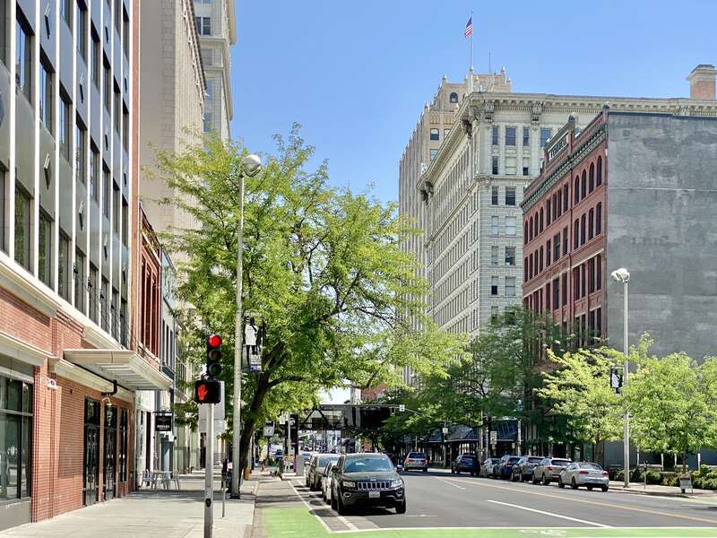 Built in the late 19th Century and early 20th Century, these buildings demonstrate the character of Downtown Spokane, with the August Paulsen Building (1906) and Paulsen Medical and Dental Building (1929) visible in the background.