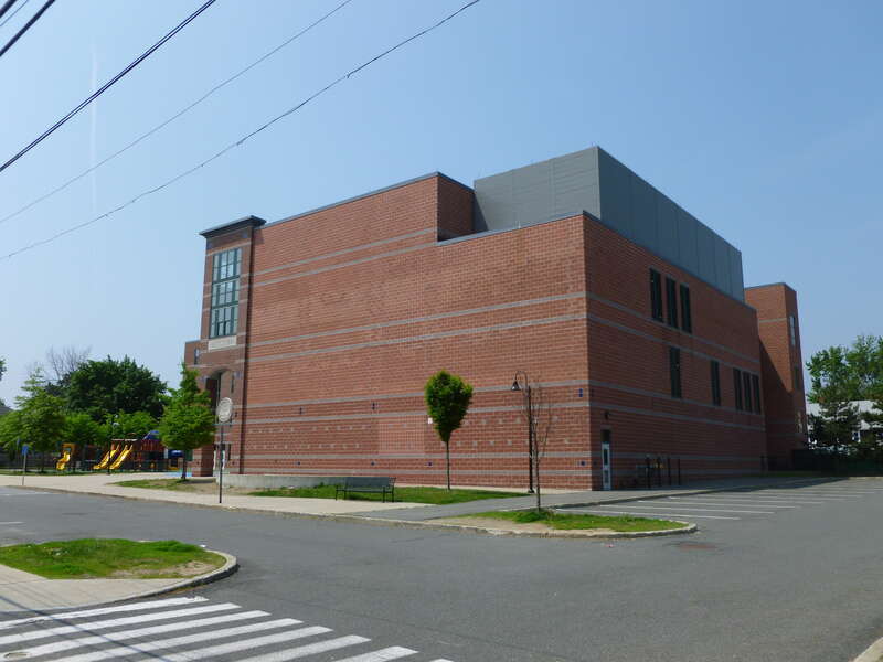 Roberts Elementary School, located at 35 Court Street, Medford, Massachusetts 02155.  East and north sides of building shown.