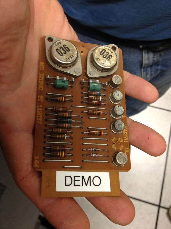 SMS cards from w:IBM 1401 with power transistors at Computer History Museum. This card is used to drive the print hammers in an IBM 1403 line printer