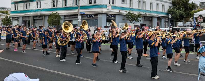 Santa Monica High School marching band at Santa Monica's 2024 Fourth of July parade