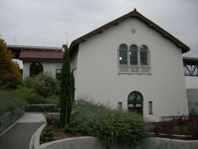 Fremont branch of Seattle Public Library, seen from A.B. Ernst Park, Fremont, Seattle, Washington. The library was founded as a Carnegie library in 1921. The building is on the National Register of Historic Places and is also a city landmark.