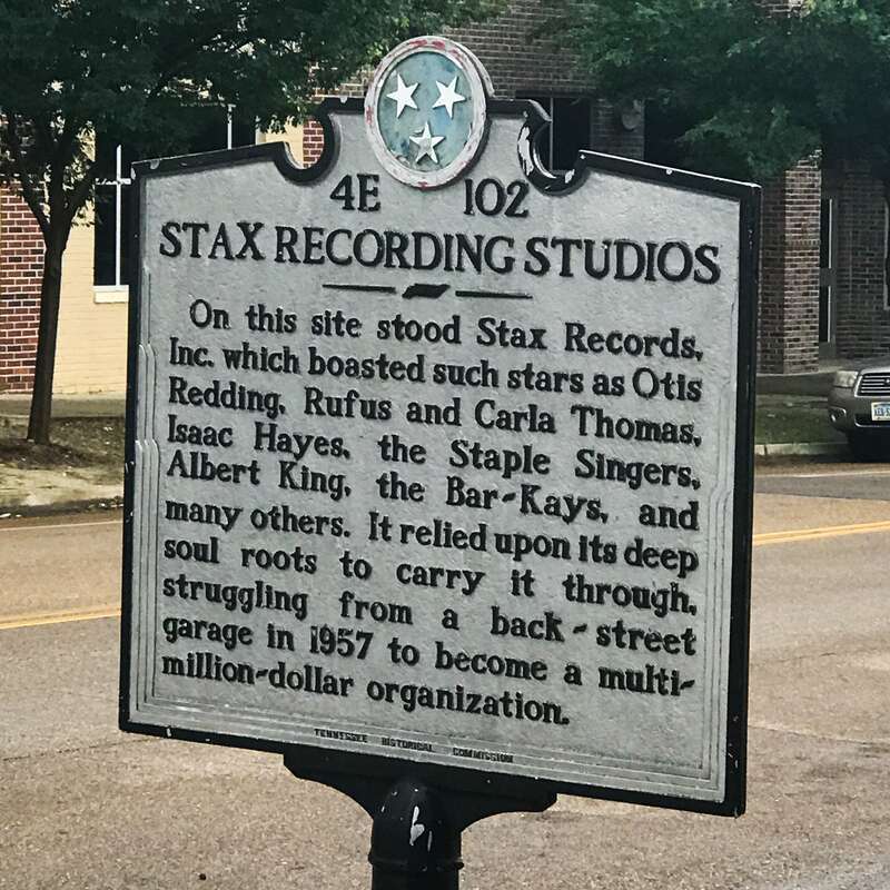 Tennessee Historical Commission marker at the original location of Stax Records, Memphis, Tennessee
