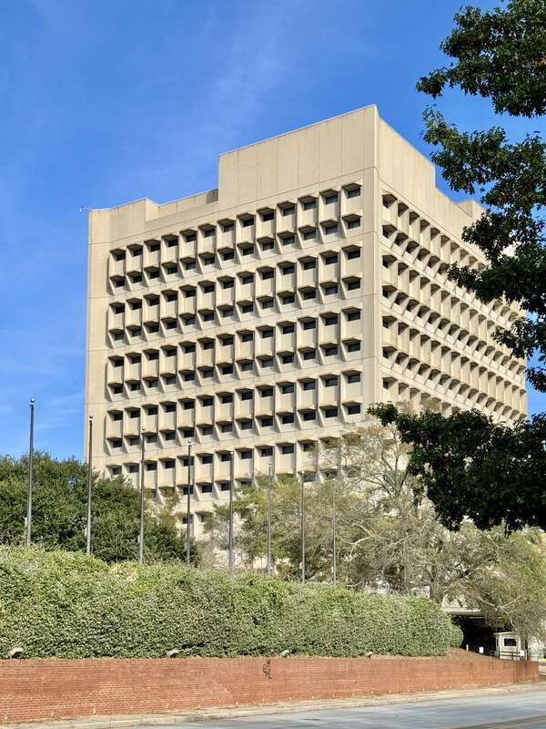 Built in 1975-1979, this Brutalist building was designed by Marcel Breuer to serve as a United States Courthouse and Federal office building for the city of Columbia, South Carolina.  The building served as a federal courthouse until 2003, when the
