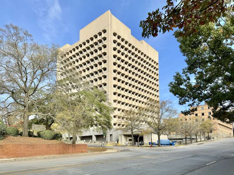 Built in 1975-1979, this Brutalist building was designed by Marcel Breuer to serve as a United States Courthouse and Federal office building for the city of Columbia, South Carolina.  The building served as a federal courthouse until 2003, when the