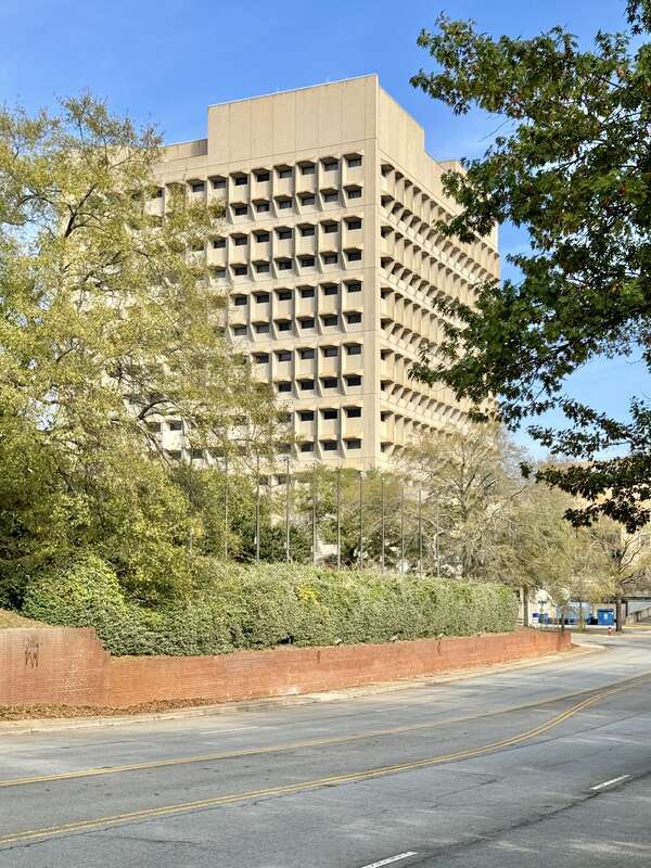 Built in 1975-1979, this Brutalist building was designed by Marcel Breuer to serve as a United States Courthouse and Federal office building for the city of Columbia, South Carolina.  The building served as a federal courthouse until 2003, when the