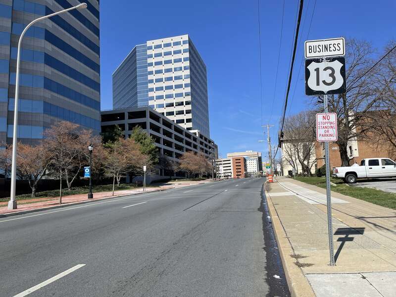 Northbound U.S. Route 13 Business (Walnut Street) past the intersection with westbound Delaware Route 48 (2nd Street) in Wilmington, Delaware