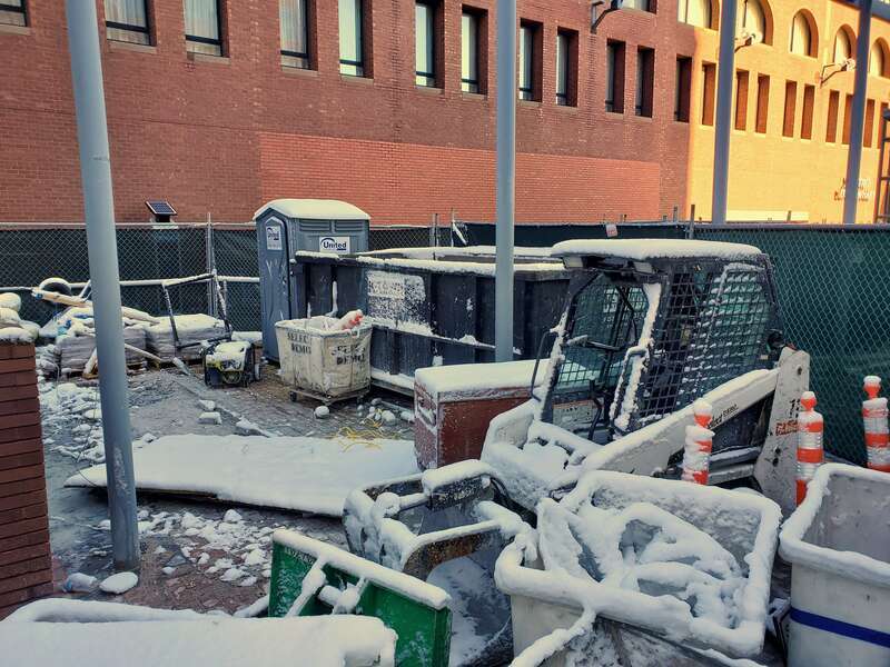 Waterproofing work at the Long Wharf headhouse of Aquarium station in October 2020