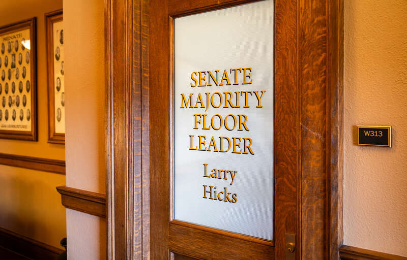 The door to Wyoming Senate Majority Floor Leader Larry Hicks, at the Wyoming State Capitol in Cheyenne.