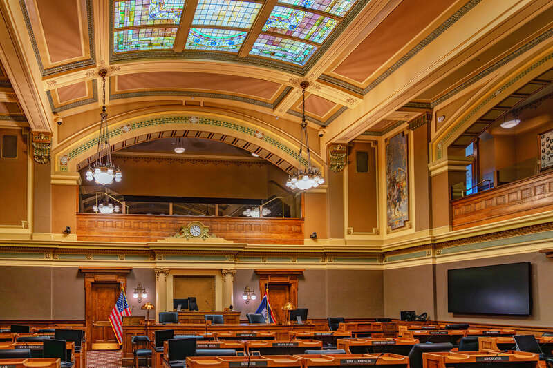 The Wyoming State Senate Chamber at the Wyoming State Capitol in Cheyenne, Wyoming.