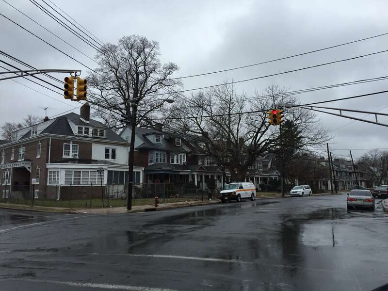 View northwest along West State Street at Delawareview Avenue in the West End section of Trenton, New Jersey
