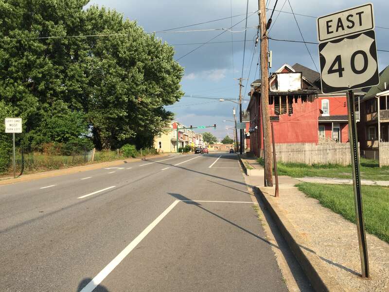 View east along U.S. Route 40 (Washington Avenue) between Berner Avenue and West Side Avenue in Hagerstown, Washington County, Maryland
