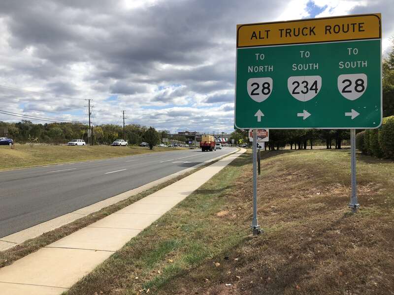View south along Virginia State Route 234 Business (Sudley Road) just north of Godwin Drive in Sudley, Prince William County, Virginia