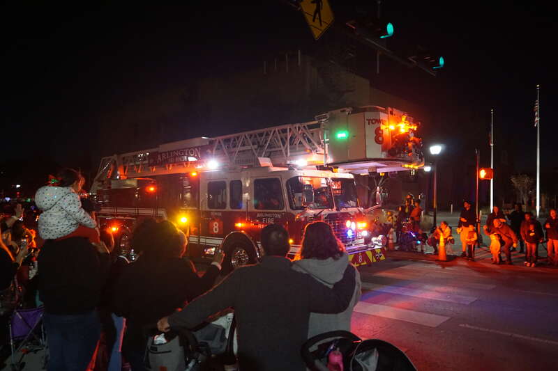 Arlington Fire Department Tower 8 in the 2019 Arlington Holiday Lights Parade in Arlington, Texas (United States).
