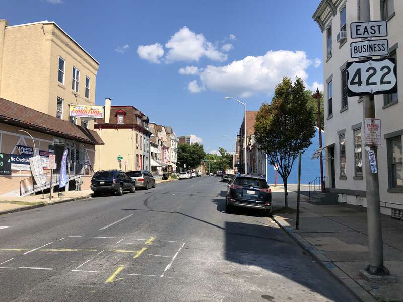 View east along U.S. Route 422 Business (Franklin Street) at South Third Street in Reading, Berks County, Pennsylvania