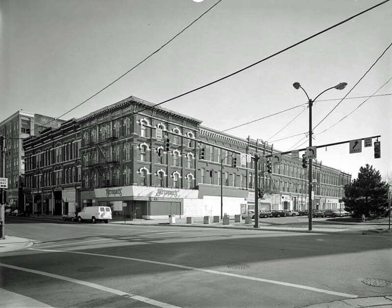 Northern and western sides of the Arcade Hotel, located on the southeastern corner of High Street and Fountain Avenue in downtown Springfield, Ohio, United States.  Built in 1883, it was listed on the National Register of Historic Places in 1974.