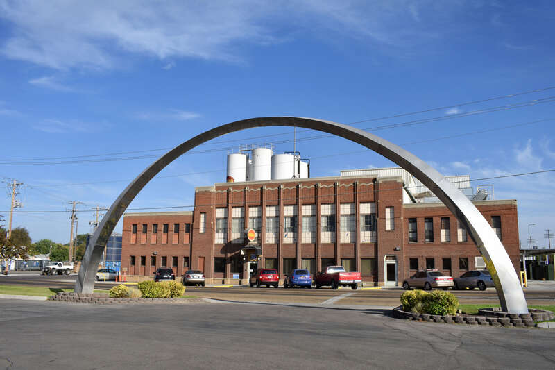 The Darigold building and the United Metals arch in Caldwell, Idaho.