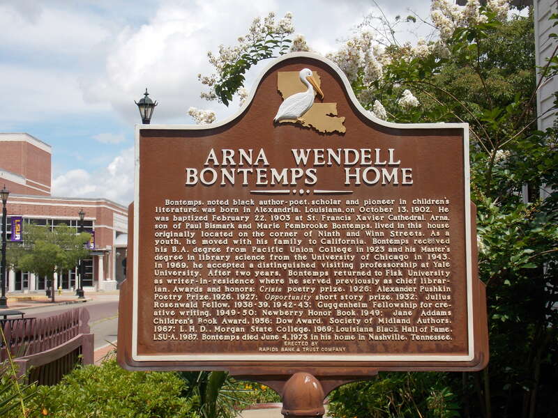The historical marker in front of the Arna Wendell Bontemps House in Alexandria, Louisiana.