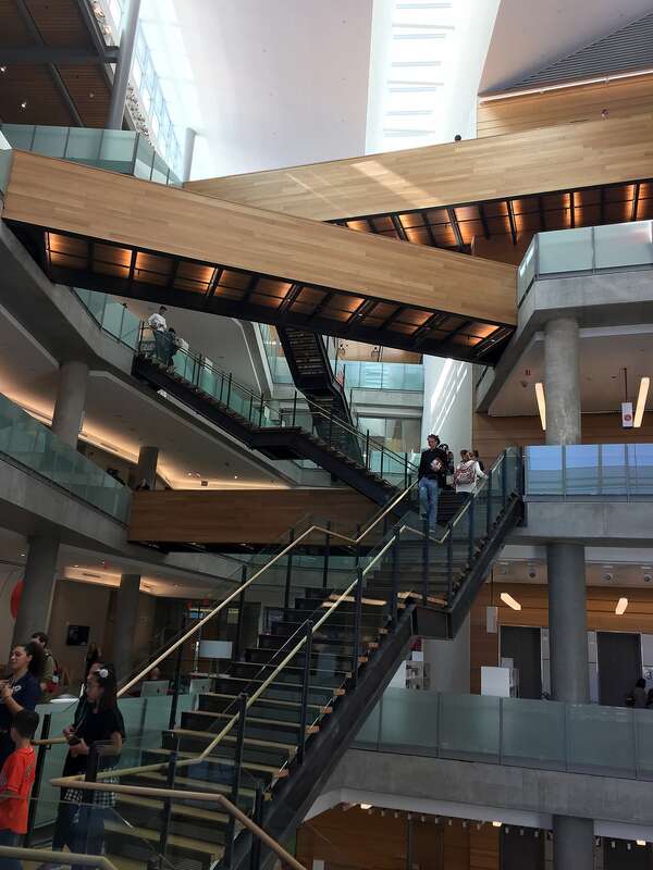 View looking up the stairs in the interior of Austin Central Library