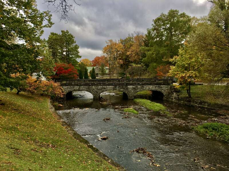 A charming stone bridge crosses Scajaquada Creek at Forest Lawn Cemetery, Buffalo, New York, October 2020.