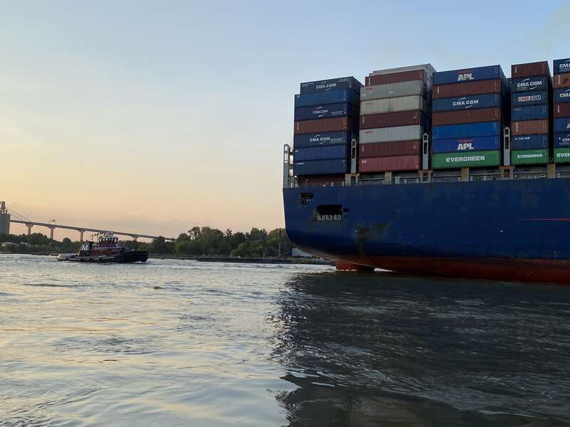 Back of the CMA CGM Marco Polo traveling past the Talmadge Memorial Bridge, Savannah, Georgia, USA. This is the largest container ship (so far) to visit the Savannah Georgia port of entry.