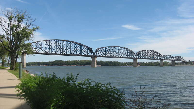 Western (downstream) side of the Big Four Bridge, an abandoned railroad bridge that spans the Ohio River between Louisville, Kentucky and Jeffersonville, Indiana in the United States.