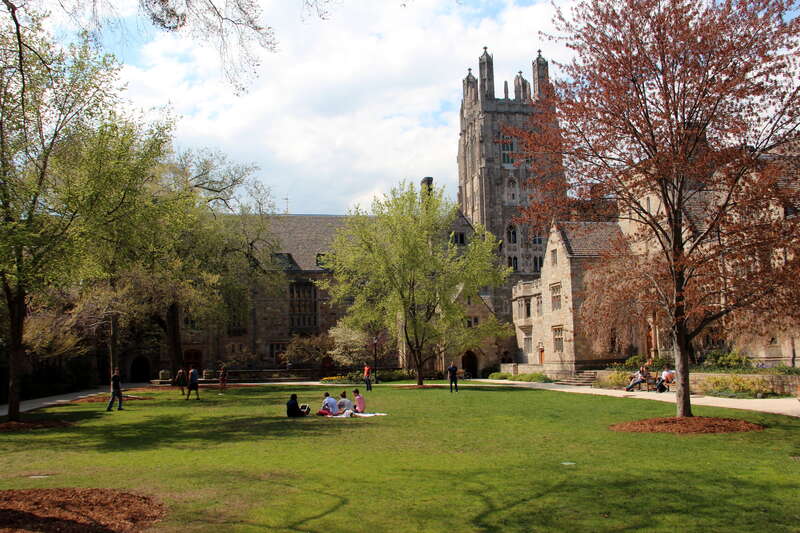 Branford Court towards the west, including Wrexham tower and the Saybrook dining hall (at right), at Yale University, New Haven, CT