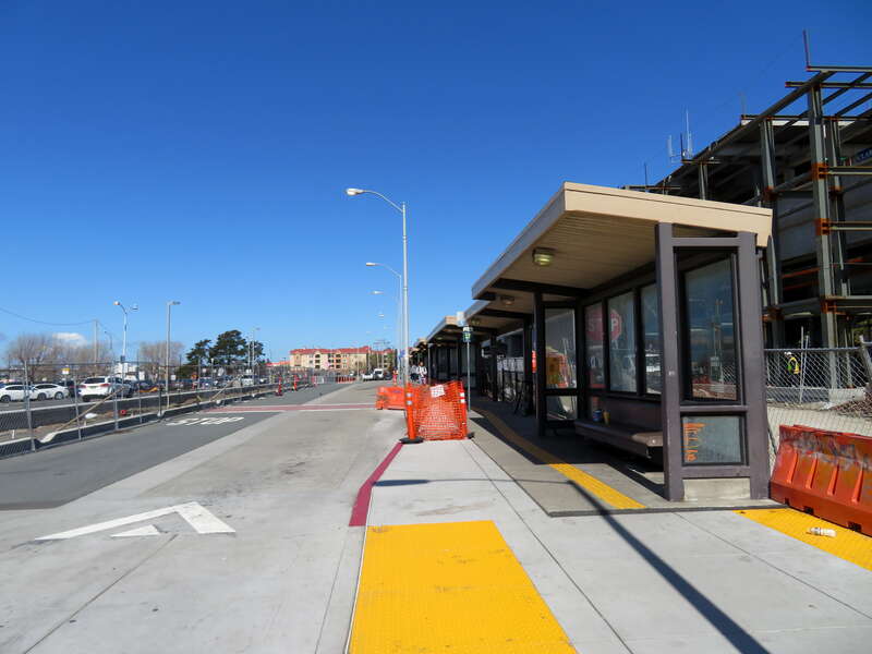 Busway at El Cerrito del Norte station in March 2019. Only one direction of the normally bidirectional busway was open due to construction.