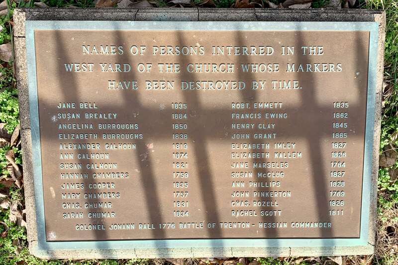 Plaque listing those whose markers have been destroyed by time in the cemetery of the First Presbyterian Church in Trenton, New Jersey.