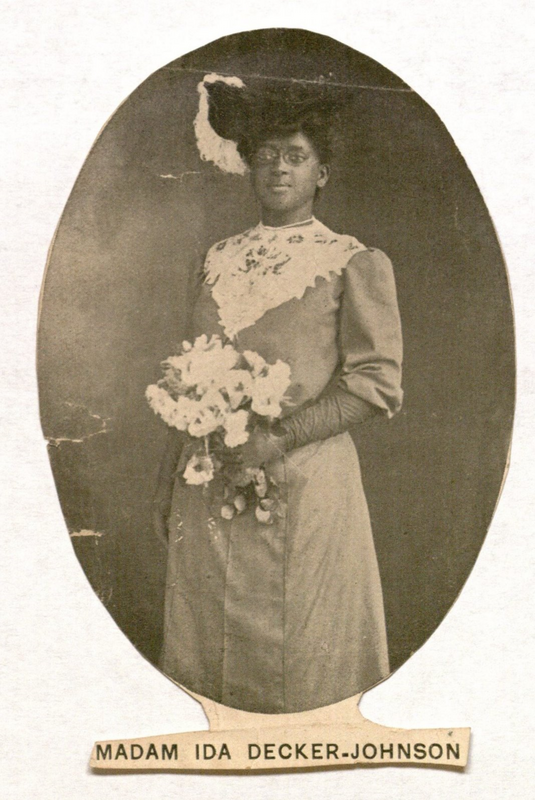 This image was presumably clipped out of an African American religious revival program for an event held in New Haven, Connecticut in the early 20th century. The person depicted is named &quot;Madam Ida Decker-Johnson&quot; in a caption.