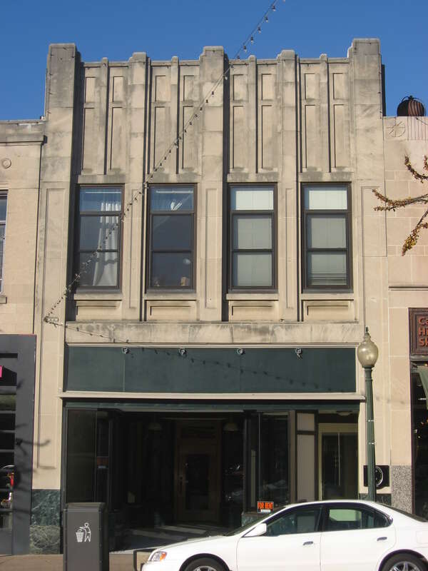 Front of the building located at 107 N. College Avenue in downtown Bloomington, Indiana, United States.  Built in 1930, it is part of the Courthouse Square Historic District, a historic district that is listed on the National Register of Historic
