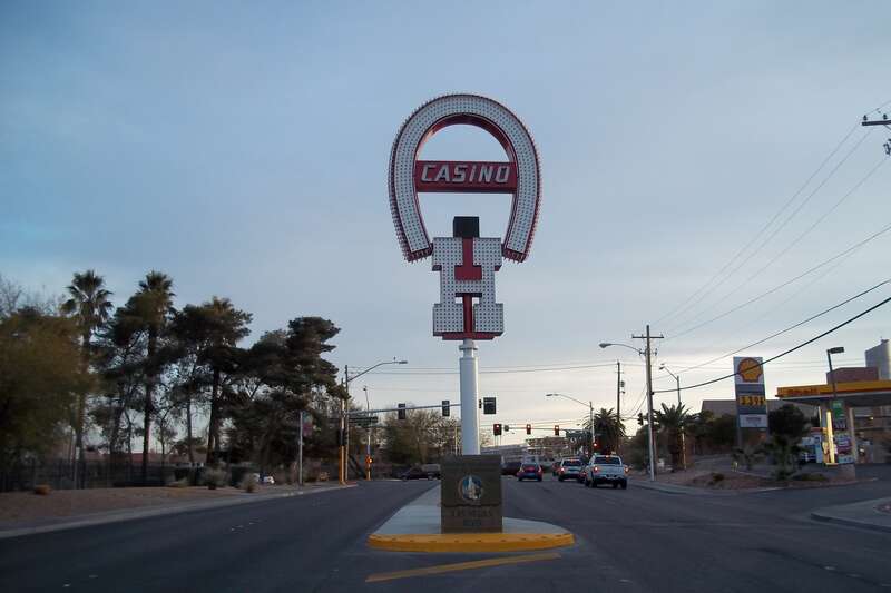The entrance to the Historic Cultural Corridor at Las Vegas Blvd. at Washington. The marquis is from the old Binion's Horseshoe Casino.