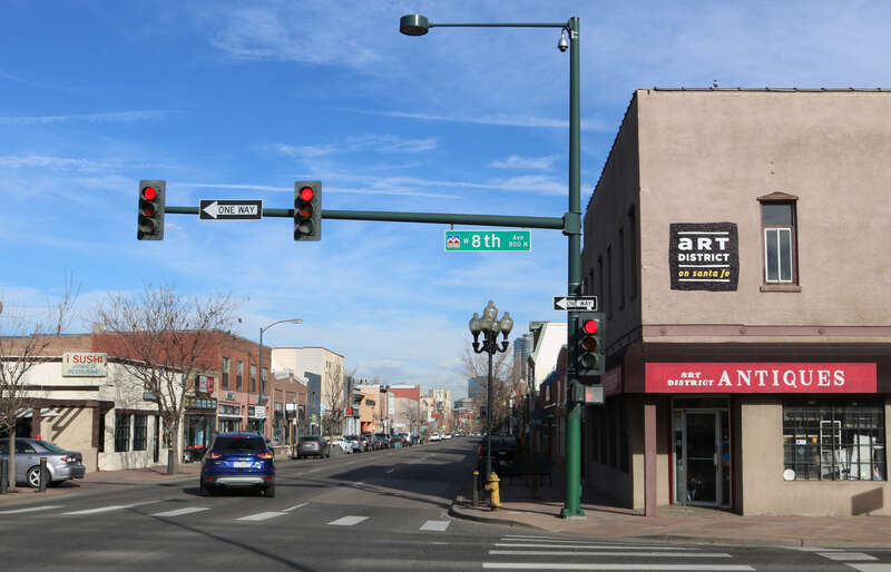 Denver's Art District on Santa Fe, in Denver, Colorado. The view is to the north, from 8th Avenue, towards downtown Denver, along Santa Fe Drive.