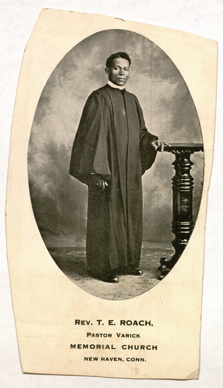 A clipping of a portrait of an African American pastor named &quot;Rev. T. E. Roach&quot; at Memorial Church in New Haven, Connecticut  presumably from a religious revival pamphlet.